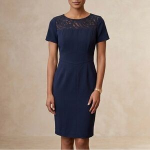 Brooks Brothers Navy Wool Blend Sheath Dress Lace Yoke Professional 4